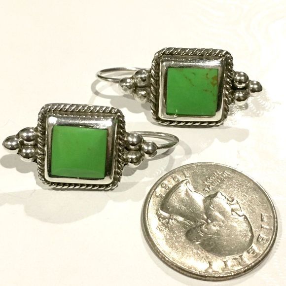 TAXCO Green Turquoise Sterling Drop Earrings - Picture 2 of 6